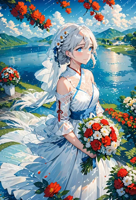 masterpiece,best quality,1girl,bare shoulders,white hair,veil,blue eyes,very long hair,(crying),bouquet,(cloudy),dress,flower,ho...