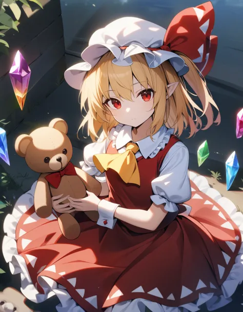 1girl, flandre scarlet, touhou, hat, mob cap, solo, blonde hair, stuffed toy, red vest, wings, stuffed animal, teddy bear, red eyes, crystal, vest, white headwear, outdoor, short sleeves, one side up, holding, puffy sleeves, skirt, shirt, pointy ears, red ...