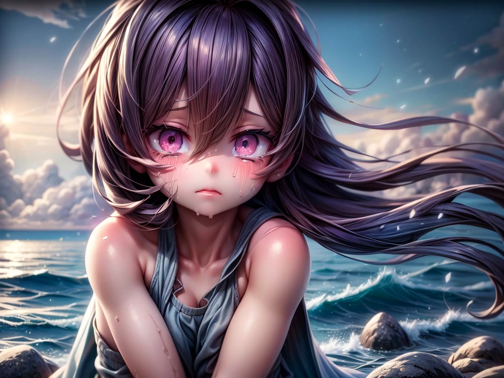 (best quality,4k,8k,highres,masterpiece:1.2),ultra-detailed,(realistic,photorealistic,photo-realistic:1.37), Crying girl, hugging her knees and shedding big tears, beach, sandy shore, turbulent waves crashing onto the shore, beautiful sunset over the horizon, soft golden light casting a warm glow on the scene, gentle breeze ruffling her hair and clothes, genuine sadness and despair in her eyes, delicate tears streaming down her face, emotional expression of heartbreak and vulnerability, solitary figure against the vastness of the beach, raw and unfiltered emotions, dynamic composition capturing the intensity of the moment, melancholic atmosphere hinting at a deeper story, captivating and thought-provoking artwork, somber color palette evoking a sense of longing and sorrow, meticulously rendered details of facial features and body posture, realistic depiction of flowing tears and distressed expression, skillfully blended textures and gradients adding depth and dimension to the image, poetic and evocative representation of emotional turmoil amidst the serene beauty of nature.