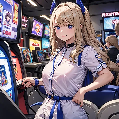 a woman in casual clothes in an arcade, smiling.