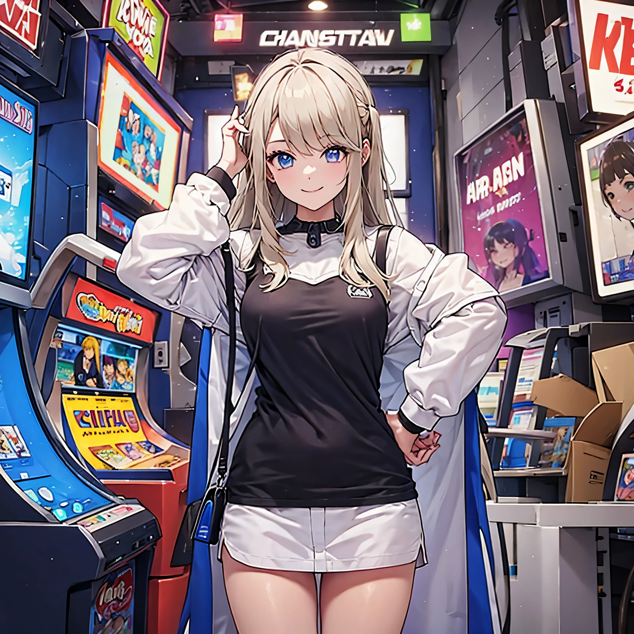 A woman in casual clothes in an arcade, smiling.
