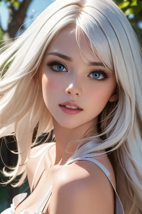best qualtity， tmasterpiece， White hair，Blue eyes， A girl，white colors、， Realistic, Floating hair, spring, Detailed face, flowers, Green trees, Sunshine
