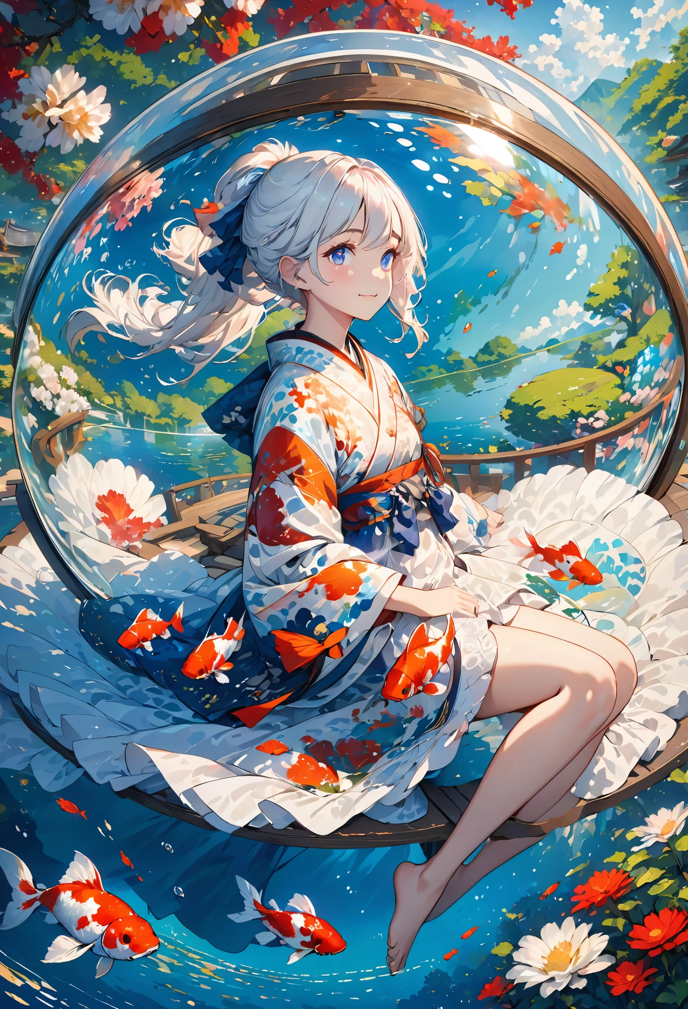 [(Transparent background:1.5)::5],(((masterpiece))),(((best quality))),(((extremely detailed))),illustration, 1girl,solo,mysterious,vivid color,shiny, underwater transparent sealed hemispherical glass dome, (white hair),(purple eyes), full body,barefoot,long hair tranquil nature, koi,Underwater, Dome,close up,Dynamic actions,Lens perspective,(((Box composition))),sit cross-legged and lean against the bookshel, volumetric lighting, multi-color eyes, detailed eyes, hyper detailed,light smile, highly detailed, beautiful, small details, ultra detailed, best quality, intricate, 4k, 8k, trending on artstation, good anatomy, beautiful lighting, award-winning, 