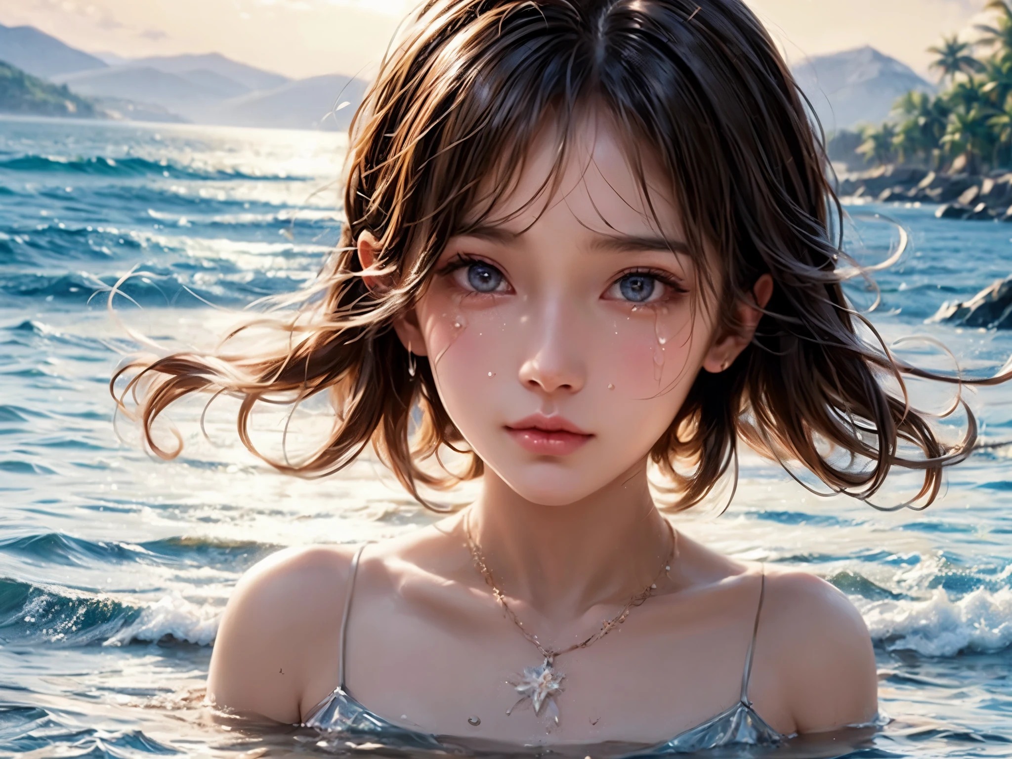 A crying girl, hugging her knees tightly and shedding big tears on a serene beach. (best quality, 4k, high-res, ultra-detailed), with an emotionally charged atmosphere, capturing the raw intensity of her sorrow. A picturesque scene rendered in vivid colors and sharp focus. The girl's eyes are full of sorrow and her tear-filled lashes accentuate her despair. The sandy beach stretches out, the golden grains sparkling under the warm sunlight. The tranquil ocean waves gently wash ashore, adding a soothing serenade to the emotional moment. The reflection of the setting sun dances on the water, casting a warm and melancholic hue. Soft and dreamy lighting envelops the scene, adding a touch of ethereal beauty. With each brushstroke of this digital masterpiece, every intricate detail on the girl's face is captured, effortlessly capturing the essence of her emotions.