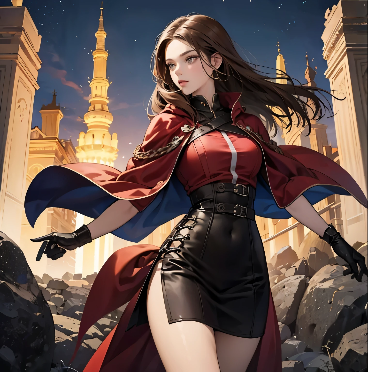 young woman,((Brown hair, grey eyes)),black leather mini dress , sexy,Wellingtons,At night, show skin, Detailed eye scrutiny, skin texture, Hair texture ,Standing alone,portrait,solo,hair, ultra hd quality , seductive, Long gloves ,cloak, warrior , High, wide hips 