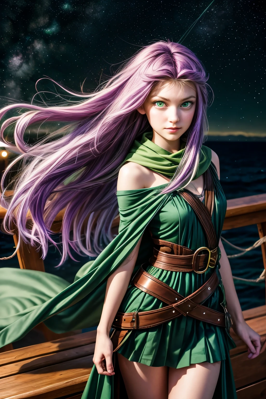 DSLR photo, 1girl, a pretty farisscherwiz, long-hair, (light-purple-hair:1.2), 22 years old, (green eyes:1.5), headband, green cape, scarf, blue dress, bracer, short dress, belt, shiny oiled skin, on a wooden ship at sea under starry sky, bokeh, sharp focus on subject, hands clenched, wind-blowing-through-hair