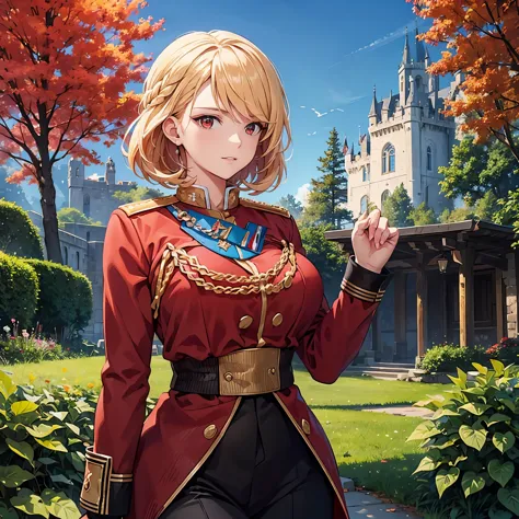 A woman wearing red military uniform with gold details, medals, big breasts, short blonde hair, red eyes, outside a large mediev...