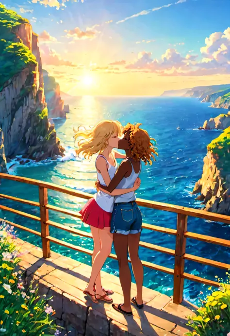 two anime girls kissing, both closed eyes, dynamic poses, Location: A viewpoint atop a cliff by the sea on a summer morning. Cli...