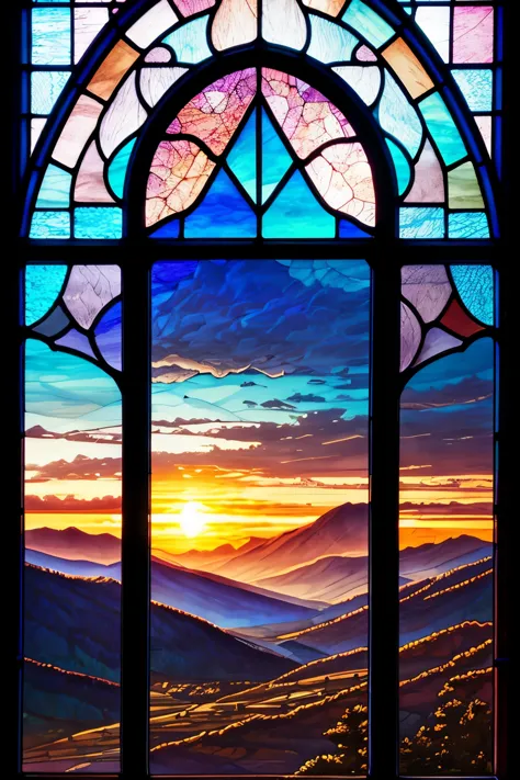 a stained glass window, showing the dawn in a landscape of mountains, light tones, cold tones