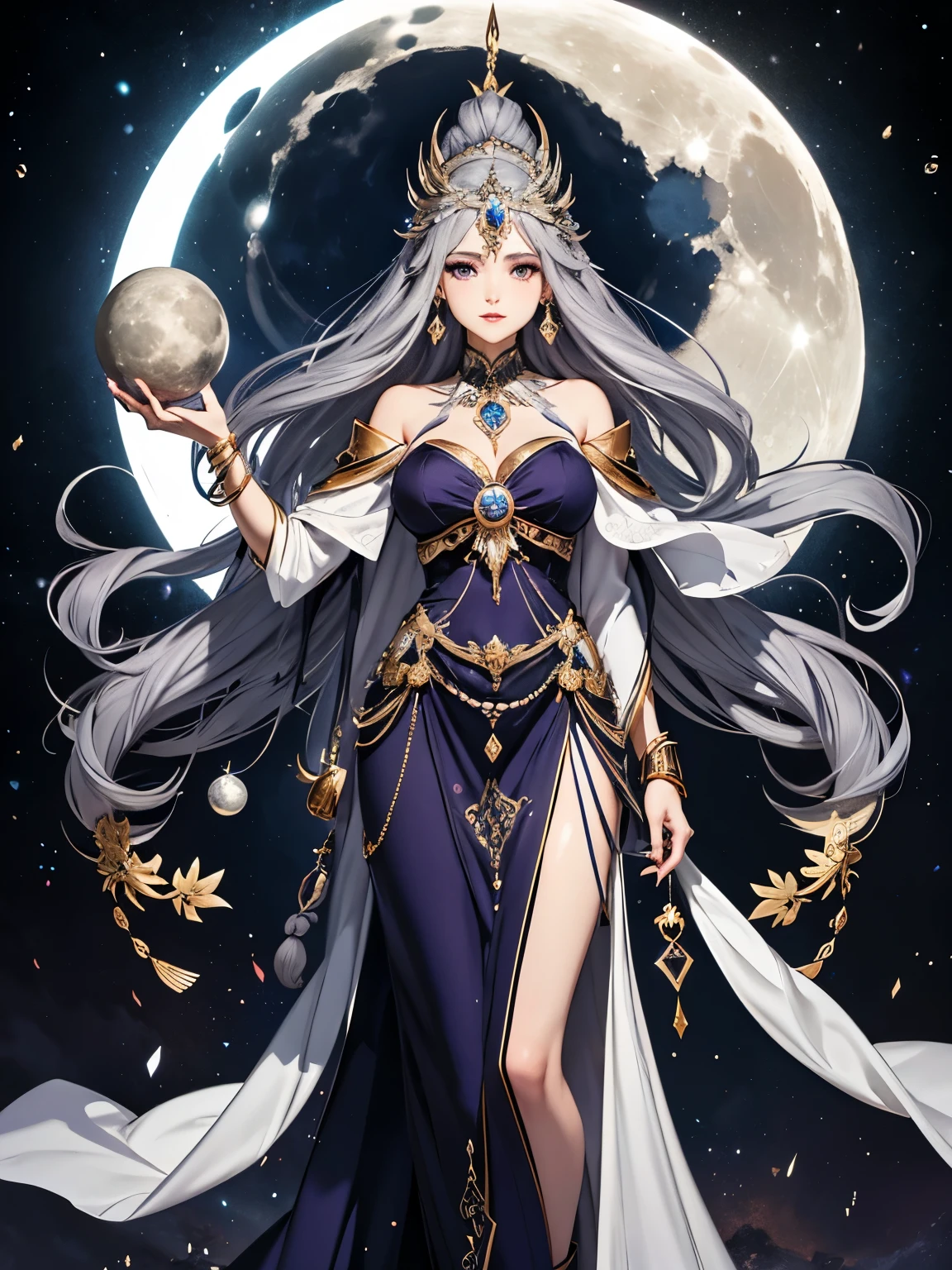 Goddess of Moon & Dark, gray hair, dark purple dress with white accents and gold accessories. She represents a dark blue moon in the sky. and the dark energies of the world. She is over 1000 years old.