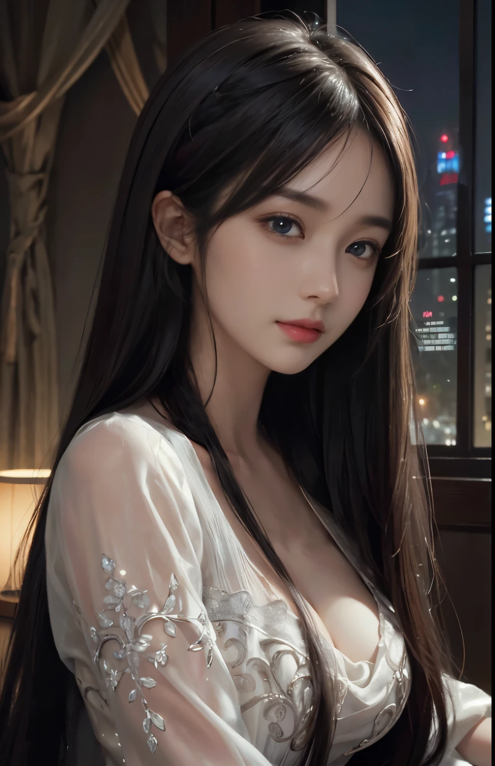 (Hyper-realistic) , (illustratio), (Increase the resolution), (8K), (extremely detaile), (Most Best Illustration), (Beautiful and delicate eyes), (best qualtiy), (ultra - detailed), (masterpiece), ( the wallpaper), (Detailed face), solo, looking at viewert, exquisite detailing, Detailed face, in the darkness nigth, deep shading, low tune,pureerosfaceace_V1, ssmile,long  straight hair，Black shawl, 46 points oblique bangs，plump breasts