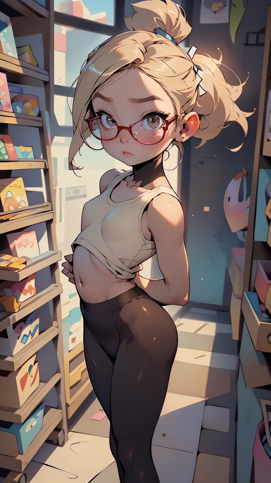 glow，masterpiece, beautiful, 4K, best quality, rave style， cute face, small breasts,  blonde，high ponytail，pointed ears，round frame glasses，wide hips， Pouting expression， pantyhose, bunny girl

(nsfw:0.55), ((flat chested, flat stomach, baby face)), (intense colors)