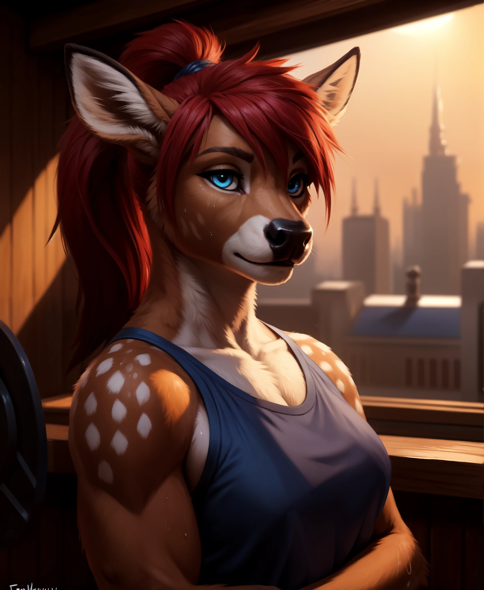 masterpiece, best quality, (hioshiru, tom bagshaw), female deer, anthro, workout, perfect eyes, long eyelashes, (deer), (sweaty face), (red hair, ponytail), brown fur, (makeup, eyeliner:1.1)BREAK (detailed background:1.3), (cinematic lighting), detailed ambient light, (detailed lighting), (ambient light on the body), , ((dark outlines)), [[by taran fiddler]], by dagasi, by Foxovh, (sharp focuasterpiece, 8k, 4k,raw photo, warm lighting, best quality, hi res, high resolution, high details, ultra realistic, absurd res