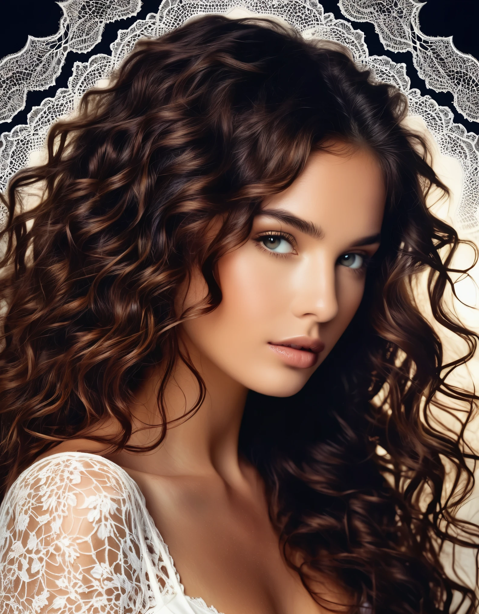 A woman with long brown hair and a lacy lace top SeaArt AI