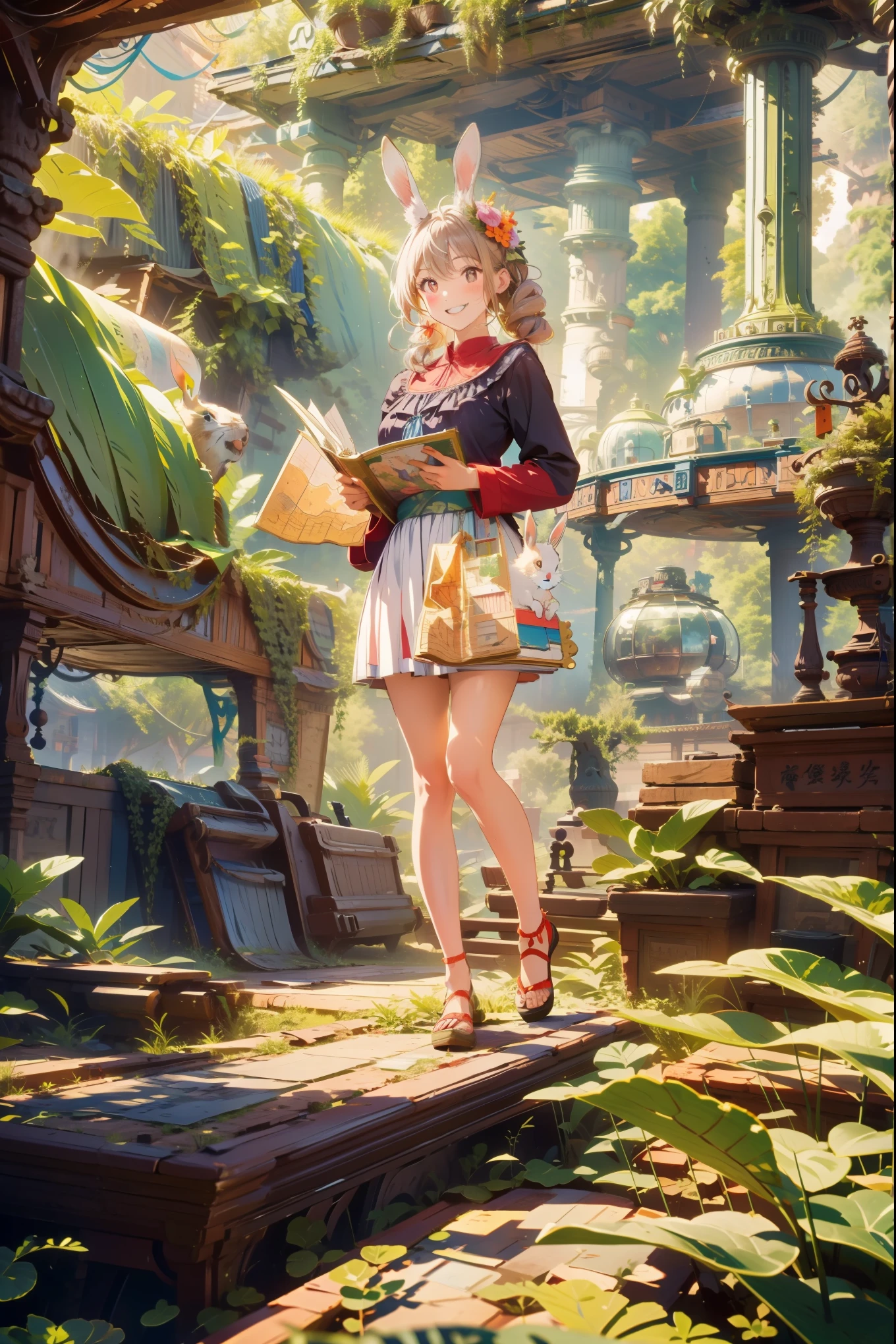 Large forest landscape。A rabbit standing with a map in hand like a picture book,,The girl gives him a many beautiful bouquets with a big smile on his face,