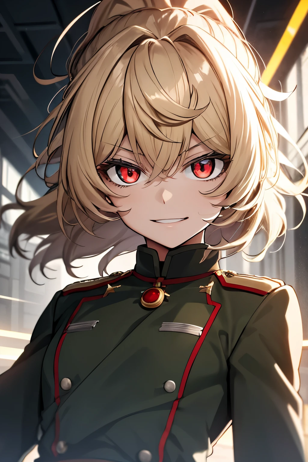 (masterpiece, best quality: 1.1), 1girl solo, tanya, 1girl, solo, , flat chest, small breasts, curvy, military, military uniform, ,, evil smile, wicked expression, anger, red eyes, neutral lighting