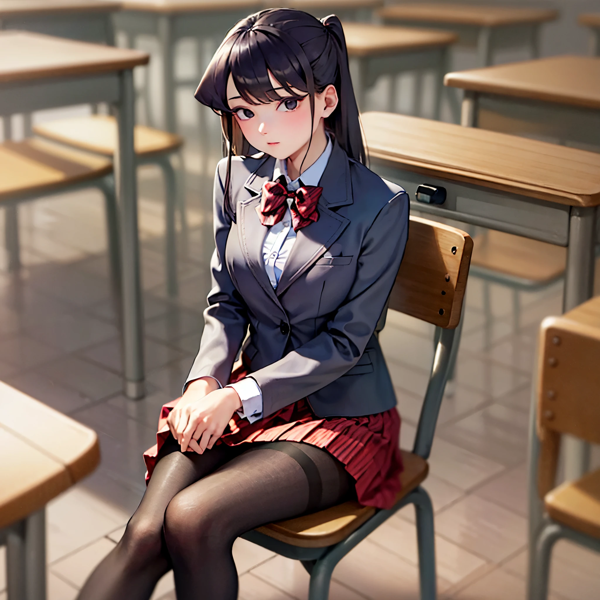 komiShouko, masterpiece, best quality, absurdres, 1girl, looking at viewer, v arms, pantyhose, classroom, school uniform, red skirt, red bow, blazer, window, sitting, chair, crowd,crossing legs,medium thighs.