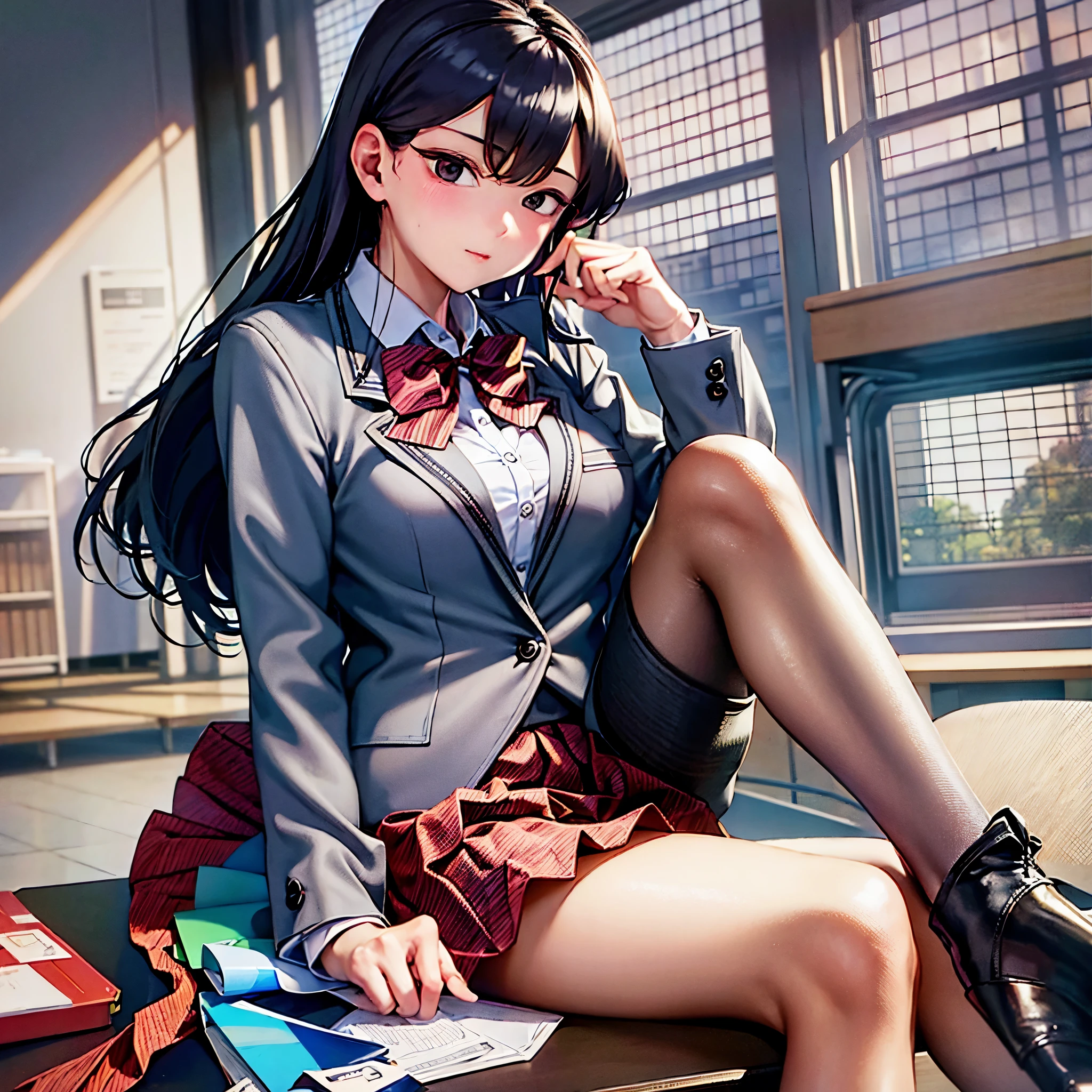 komiShouko, masterpiece, best quality, absurdres, 1girl, looking at viewer, v arms, pantyhose, classroom, school uniform, red skirt, red bow, blazer, window, sitting, chair, crowd,crossing legs,medium thighs.