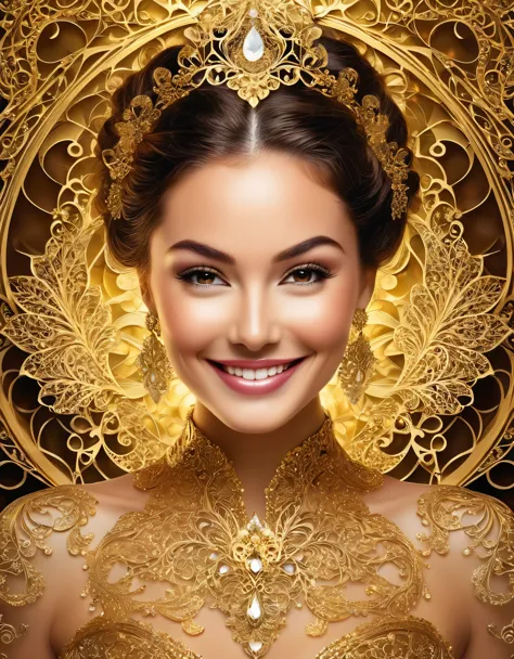 A glamorous woman with a mischievous grin and a touch of sparkle on her cheek, surrounded by ornate golden filigree designs and ...