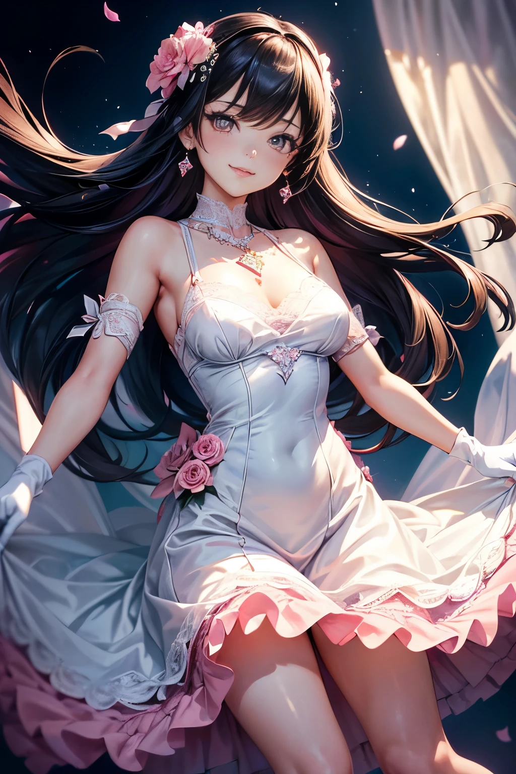 Dynamic angle,((1girl, elegant pink dresasterpiece, highest resolution)), (beautiful illustration),(semi long beautiful black hair),(looking at the viewer),innocent smile,cinematic lighting,white over-kneehighs,Lace chalker, wristband, diamond necklace,wristband, white fingerless gloves, earrings,day,blue sky,beautiful flower park