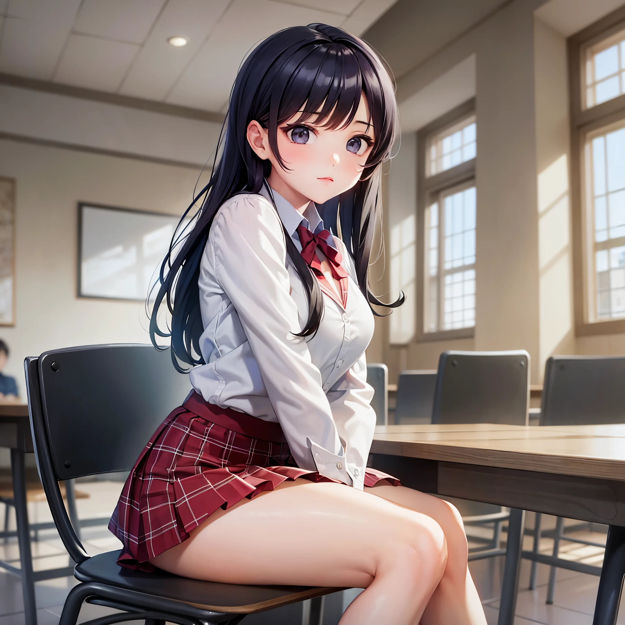 komiShouko, masterpiece, best quality, absurdres, 1girl, looking at viewer, v arms, pantyhose, classroom, , red skirt, red bow, blazer, window, sitting, chair, crowd,crossing legs,medium thighs.