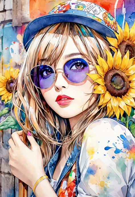 beautiful woman portrait, sylvia pelissero watercolors, sunflower flowers、beautiful eyes、 abstract art, intense watercolor, wate...