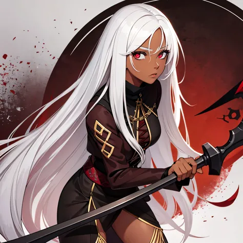Girl with deep brown skin, long white hair and maroon eyes holding a scythe