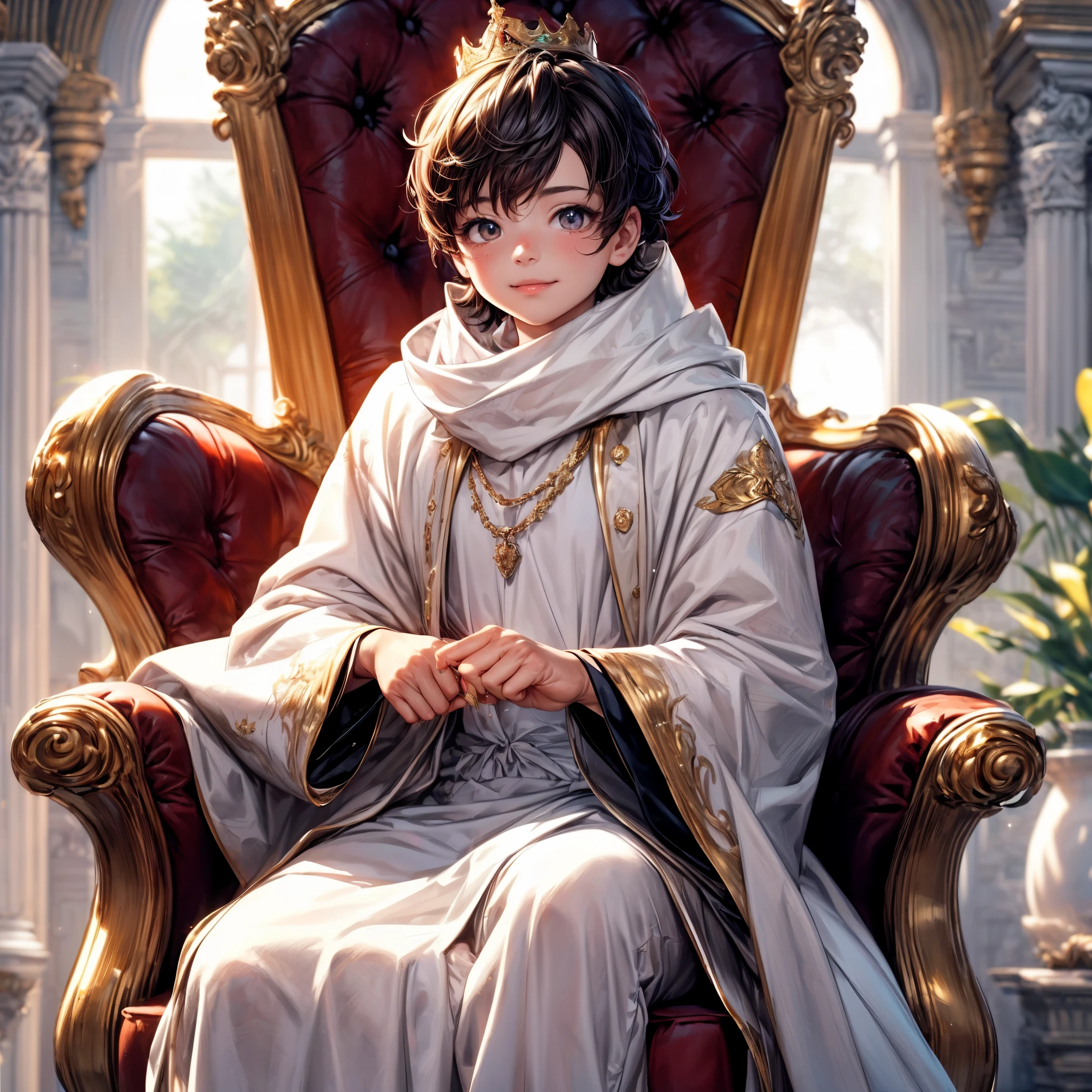 (best quality,4k,8k,highres,masterpiece:1.2),ultra-detailed,(realistic,photorealistic,photo-realistic:1.37), (solo), A cute very little (boy:1.1) wearing a (white cloak) and a (very long silk long dress:1.1), prince, (best wrinkle, best shadow), (White long stockings), soft curly hair, sparkling eyes, (curious sparkling eyes, innocent smile, cheeks rosy with happiness), dainty silver crown on his head, (Sitting on an exquisite and solemn throne), In the magnificent palace, bathed in warm golden sunlight, creating a dreamy and magical atmosphere.