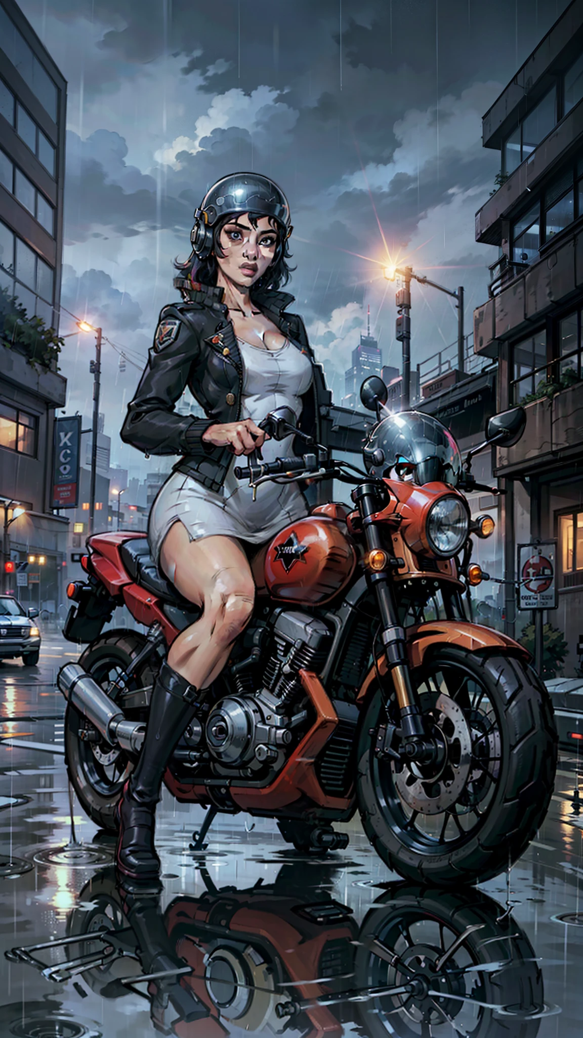 1fille, robe, veste, pluie, véhicule terrestre, casque, mecha, véhicule à moteur, moto, on moto, mise au point du véhicule, roue, nuit, route, rue, pluie, Ville, flaques d&#39;eau, 8k, Ultra réaliste, reflet, atmosphère, briller, détaillé, complexe, plein de couleurs, cin...