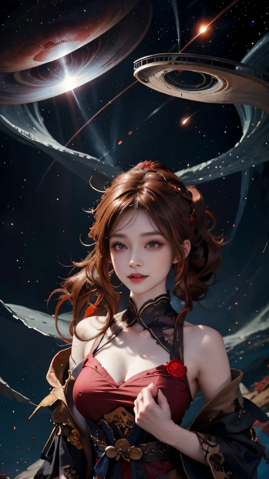 （Modify hair only、Face）Reddish-brown hair，curls，ponytail，Nice bun，Perfect hairstyle，red headdress，red eyes，red eye，red pupils，Delicate and detailed eyes，clear eyes，Red eyes，huge ，Smiling very happily，mysterious universe starry sky