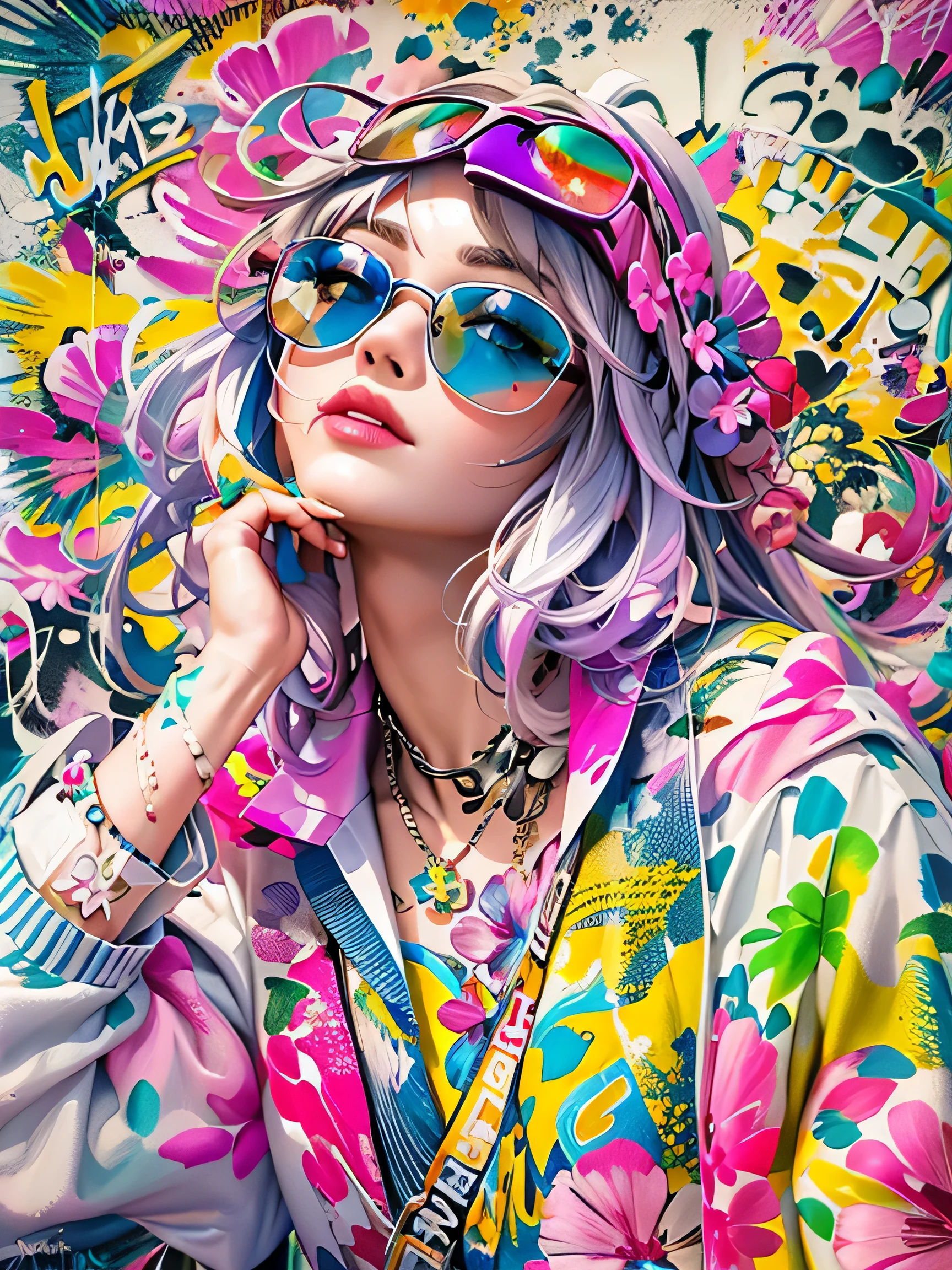 8K quality, watercolor painting, stylish design, (((The strongest beautiful girl of all time))), (((Japanese)))、Idol、clear, Stylish sunglasses, Fashionable hats, (((highest quality))), bob hair, lips in love, HDR, ((Detailed details)), stylish fashion, detailed clothing texture, (((graffiti art))), colorful hair, ((masterpiece))、((Super detailed))、(((colorful flowers)))、