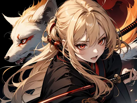 1 female, kitsune, teacher, insane, wearing kimono, black long pants, blond hair, long hair, red eyes, showing her fangs, holdin...