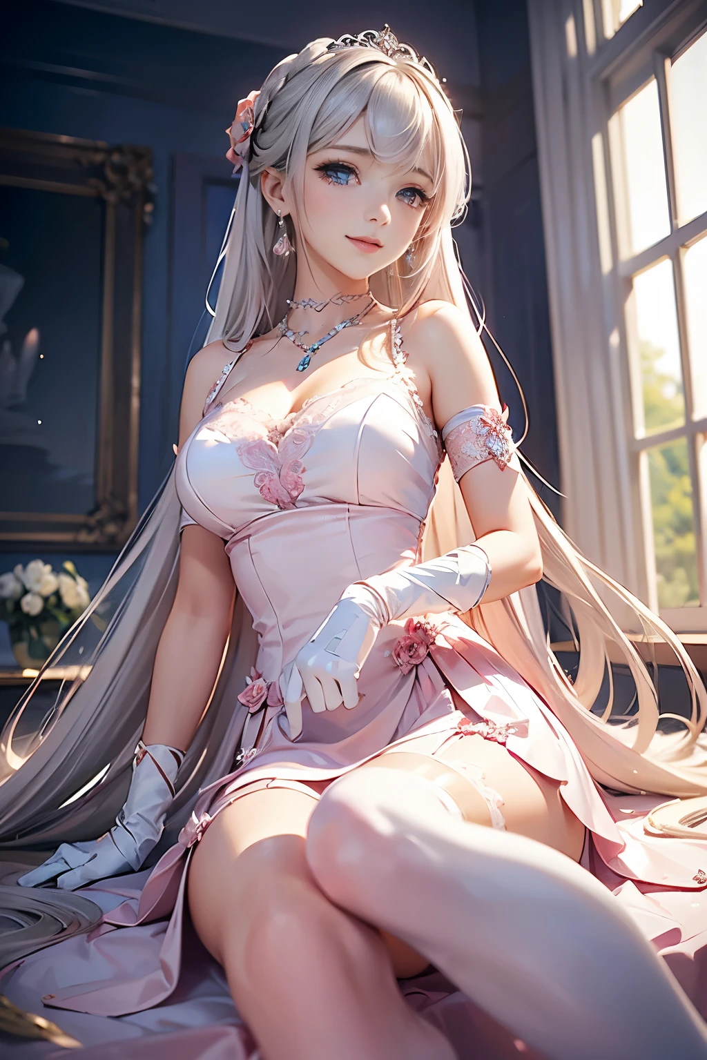 Dynamic angle,((1girl, elegant pink dresasterpiece, highest resolution)), (beautiful illustration),(semi long beautiful Silver hair),(looking at the viewer),innocent smile,cinematic lighting,white over-kneehighs,Lace chalker, wristband, diamond necklace,wristband, white fingerless gloves, earrings,day,blue sky,beautiful flower park