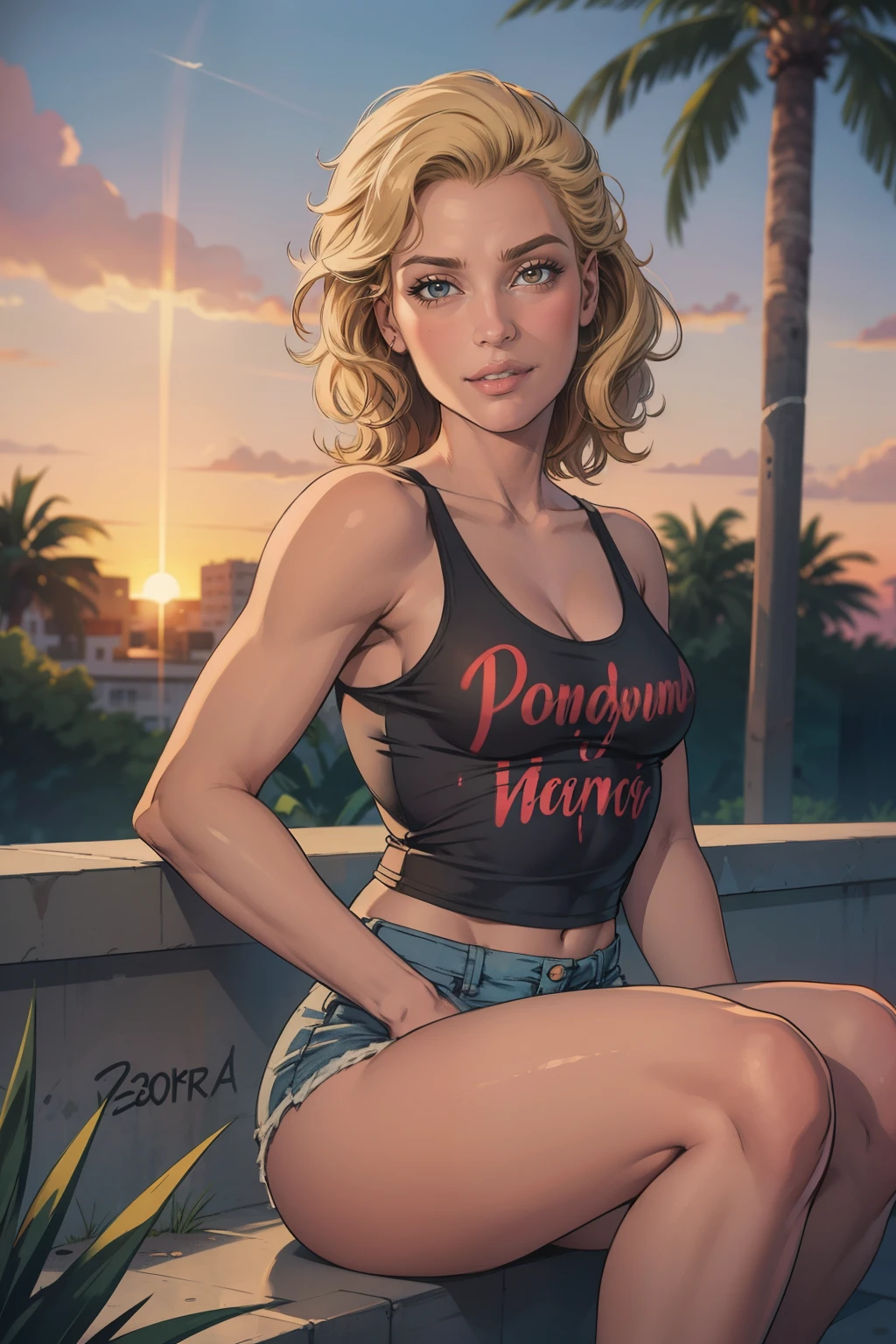 seductive 30 year old woman with short wavy blonde hair, hazel eyes, small breasts, model body, wearing a white tank top with a colorful print, hazel Bermuda shorts, posing sitting on a staircase with graffiti, upper body, concrete staircase background with graffiti in a skate park,palm trees,deep on field,dutch angle,afternoon light,evening,sunset,los angles