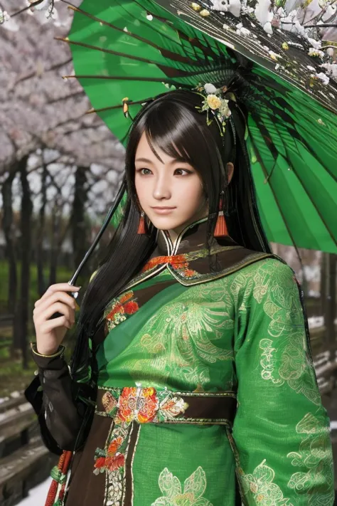Guan Yinping, happy, black发, brown eyes, hair accessories, hair flower, Green roof, looking at the audience, forest, Half body, ...