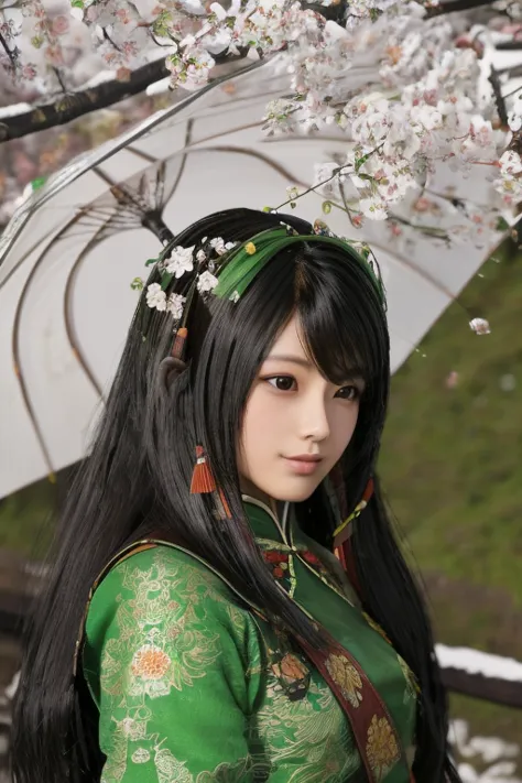 Guan Yinping, happy, black发, brown eyes, hair accessories, hair flower, Green roof, looking at the audience, forest, Half body, ...