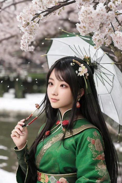 Guan Yinping, happy, black发, brown eyes, hair accessories, hair flower, Green roof, looking at the audience, forest, Half body, ...