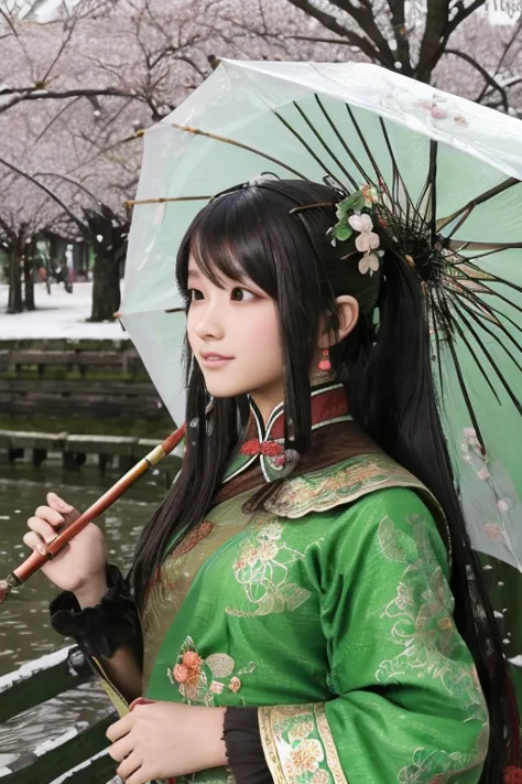 Guan Yinping, happy, black发, brown eyes, hair accessories, hair flower, Green roof, looking at the audience, forest, Half body, ...