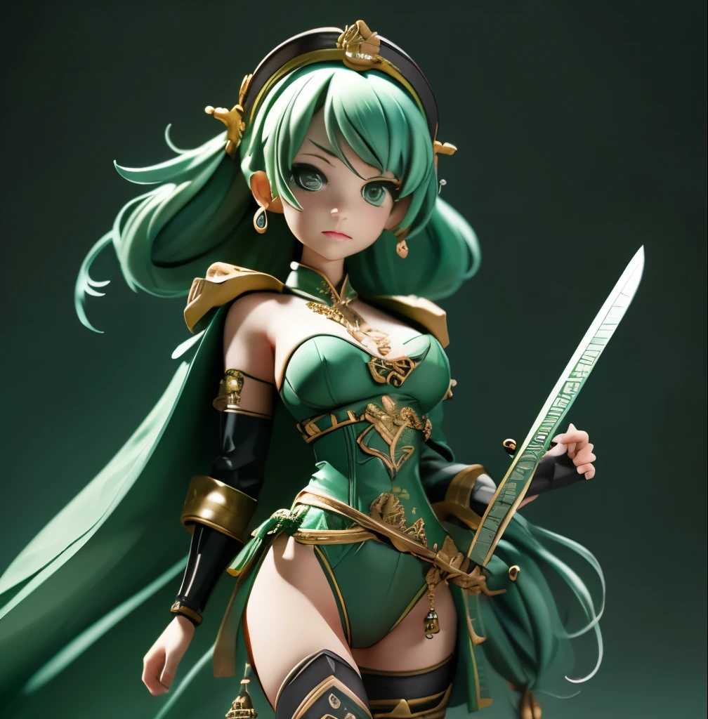 (table top),(highest quality:1),(超A high resolution:1),wallpaper, Detail view, fine and beautiful skin, 1 girl, alone, Machine-made armor,Western sword、steampunk、 green hair,short hair、 sexy, whole body、medium breasts, wearing a black high-leg swimsuit, solid color background