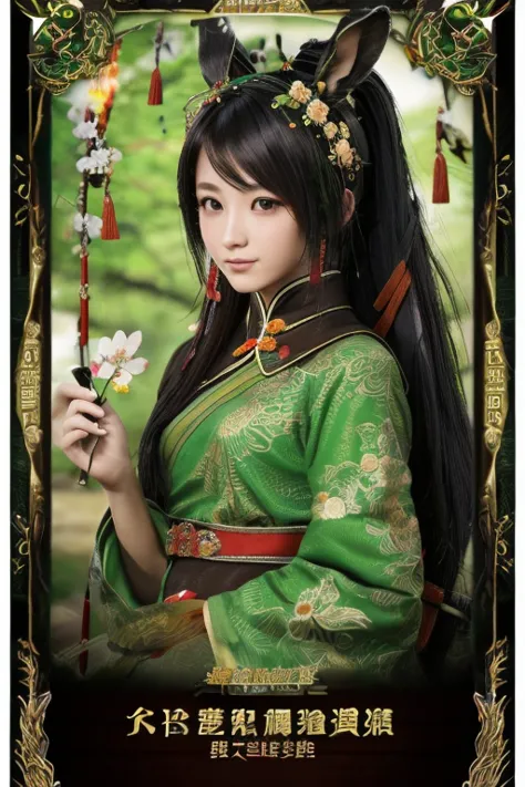 Guan Yinping, fight, flame,flame,happy, black发, brown eyes, hair accessories, hair flower, Green roof, looking at the audience, ...