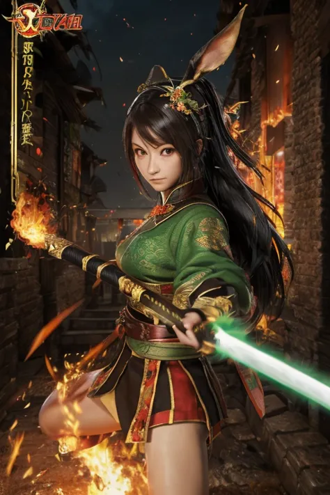 Guan Yinping, fight,Take a long sword,assassin,flame,flame,happy, black发, brown eyes, hair accessories, hair flower, Green roof,...
