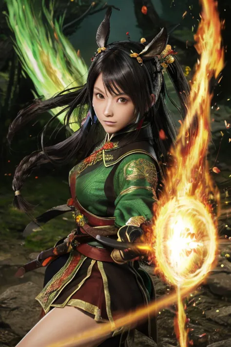 Guan Yinping, fight,Take a long sword,assassin,flame,flame,happy, black发, brown eyes, hair accessories, hair flower, Green roof,...