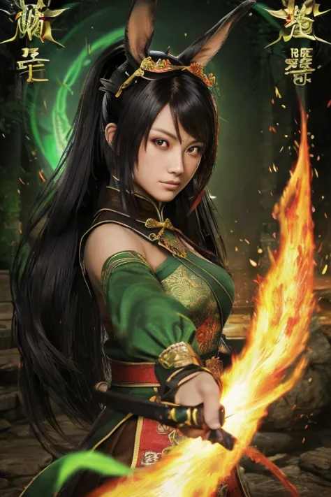 Guan Yinping, fight,Take a long sword,assassin,flame,flame,happy, black发, brown eyes, hair accessories, hair flower, Green roof,...