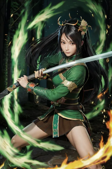 Guan Yinping, fight,Take a long sword,swordsman,flame,blue flame,happy, black发, brown eyes, hair accessories, hair flower, Green...