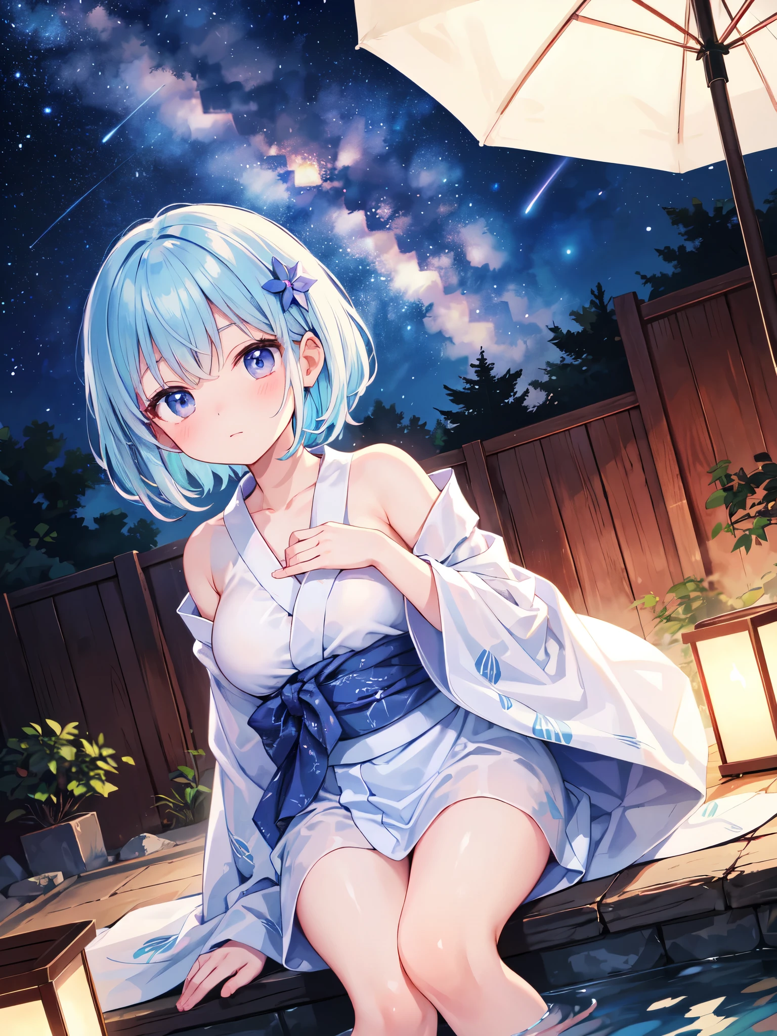 （masterpiece）、(highest quality)、((Super detailed))、(super delicate)、pastel colored hair、beautiful breasts、yukata、Hot spring at night、fantastic starry sky