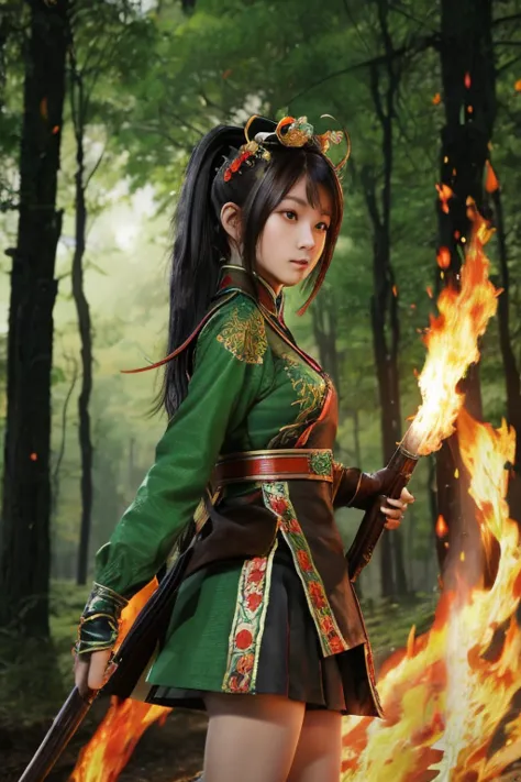 Guan Yinping, fight,Get a long rifle,flame,red flame,happy, black发, brown eyes, hair accessories, hair flower, Green roof, looki...