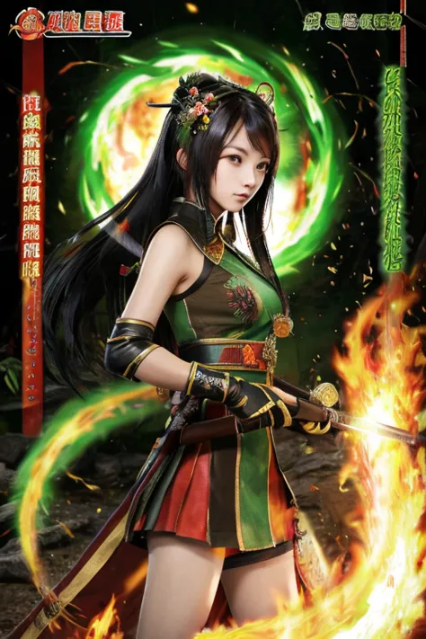 Guan Yinping, fight,Get a long rifle,flame,red flame,happy, black发, brown eyes, hair accessories, hair flower, Green roof, looki...