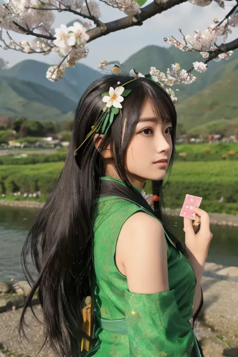 Guan Yinping, Birds are nearby,fly,happy, black发, brown eyes, hair accessories, hair flower, Green roof, looking at the audience...