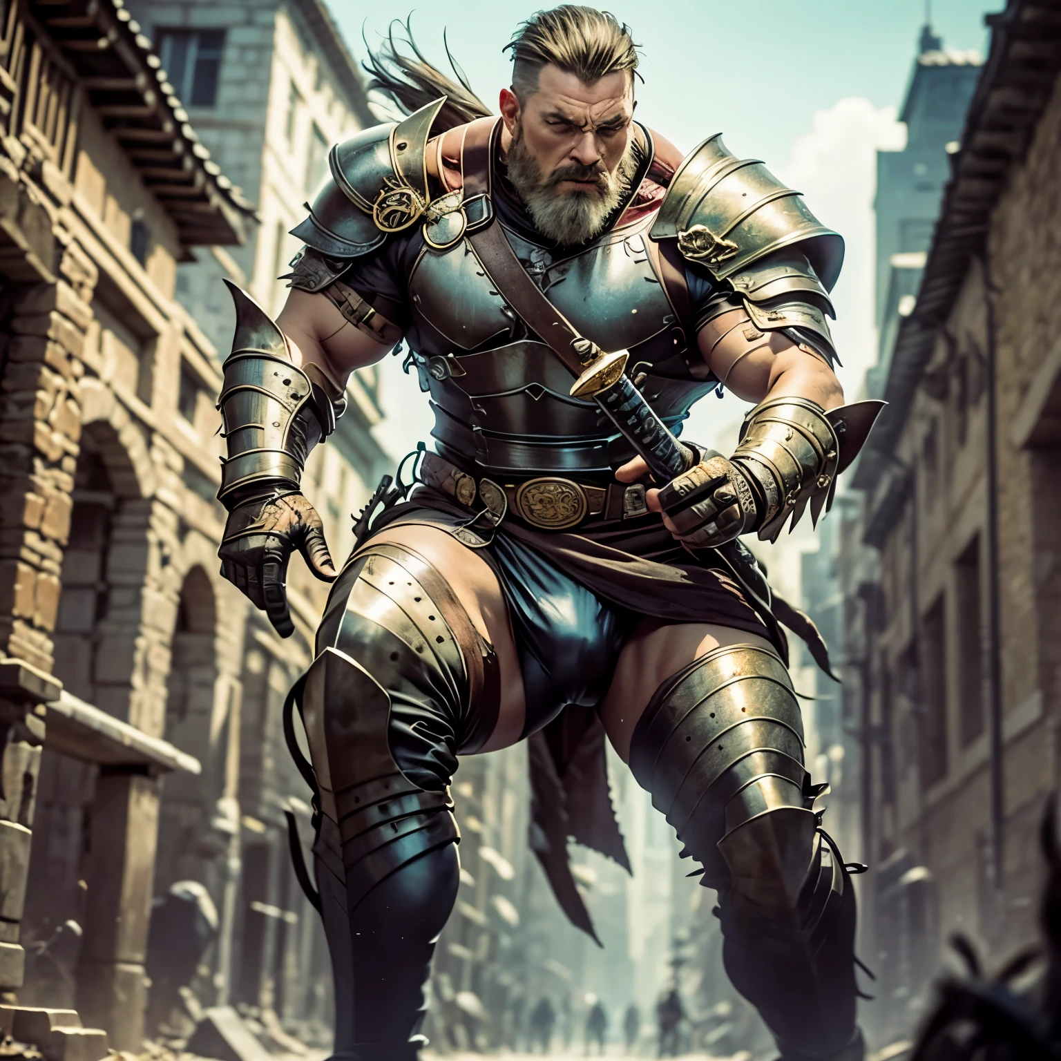 Full body face to feet image,  Physique old warrior guy wearing leather armor, revealing armor, and holding ancient sword in his hand, angry look, perfect face details, perfect physique body details, ancient temple background, 12k, realistic photography, more details, wearing a latex thong, big bulging crotch, crotch in focus, almost naked, bodybuilder, face looks like Howie Long, 