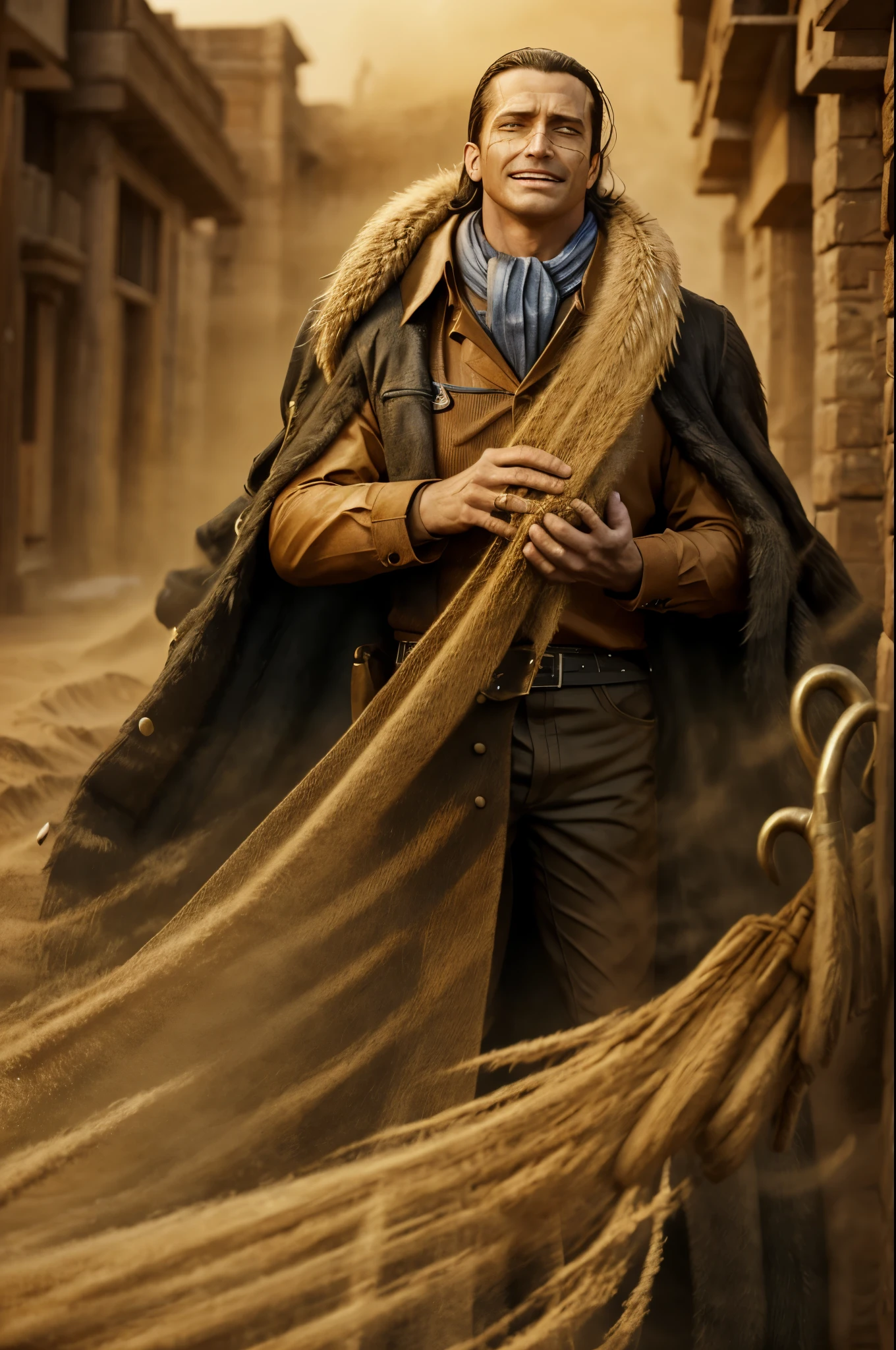 masterpiece, best quality, extremely detailed, hyperrealistic, photorealistic, a cool 40s man, ultra detailed face:1.2, fur-trimmed coat, scarf around the neck, his left hand is a golden pirate hook:1.1, in sandstorm, sly smile
